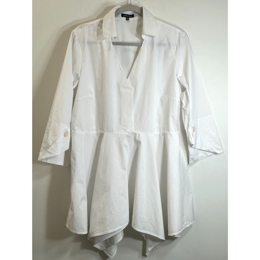 Athena Marie Blouse Size XL White Collared V-Neck Flowy Side Zip Flared Sleeves
